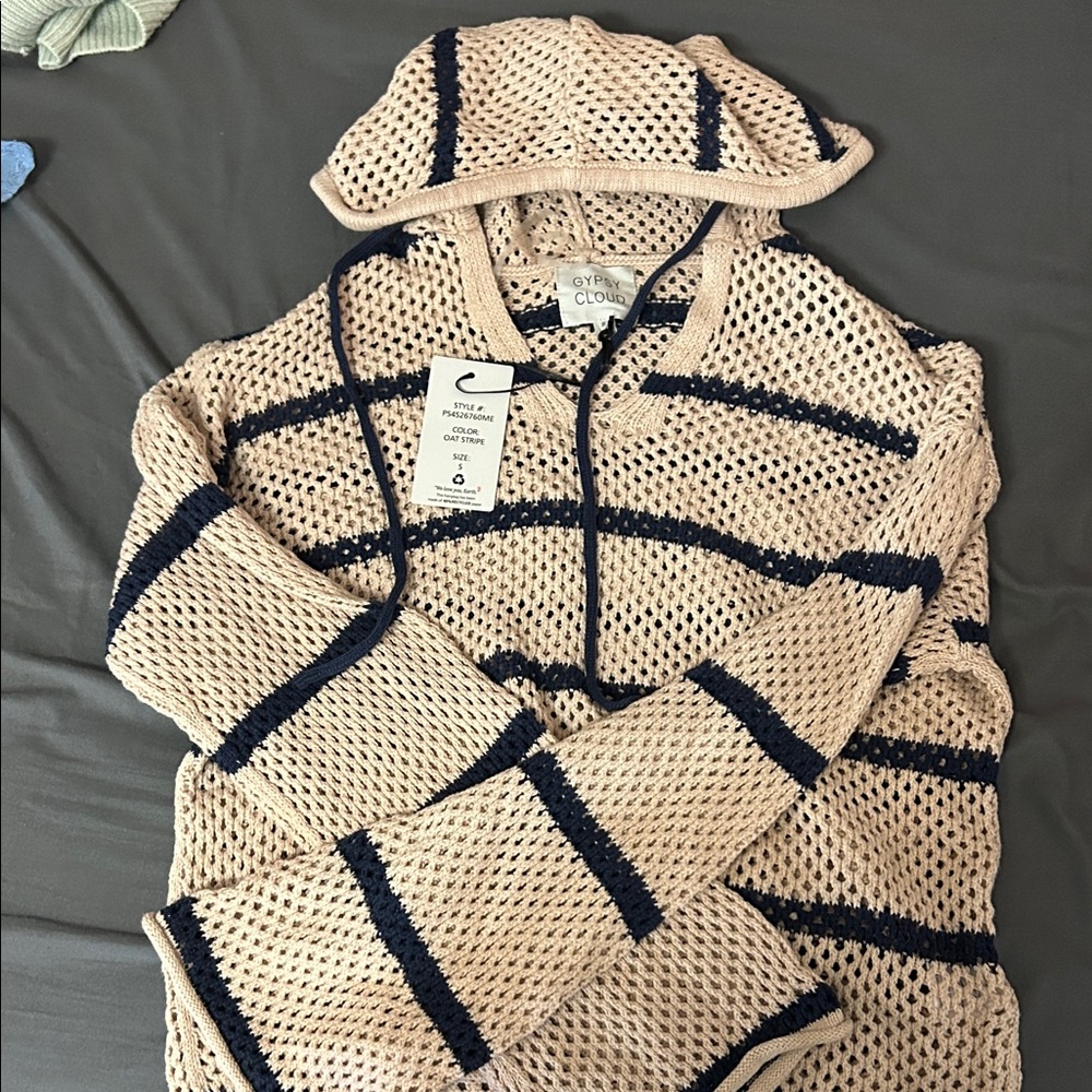 Cozy Women's Hooded Striped Cardigan - Beige and Black